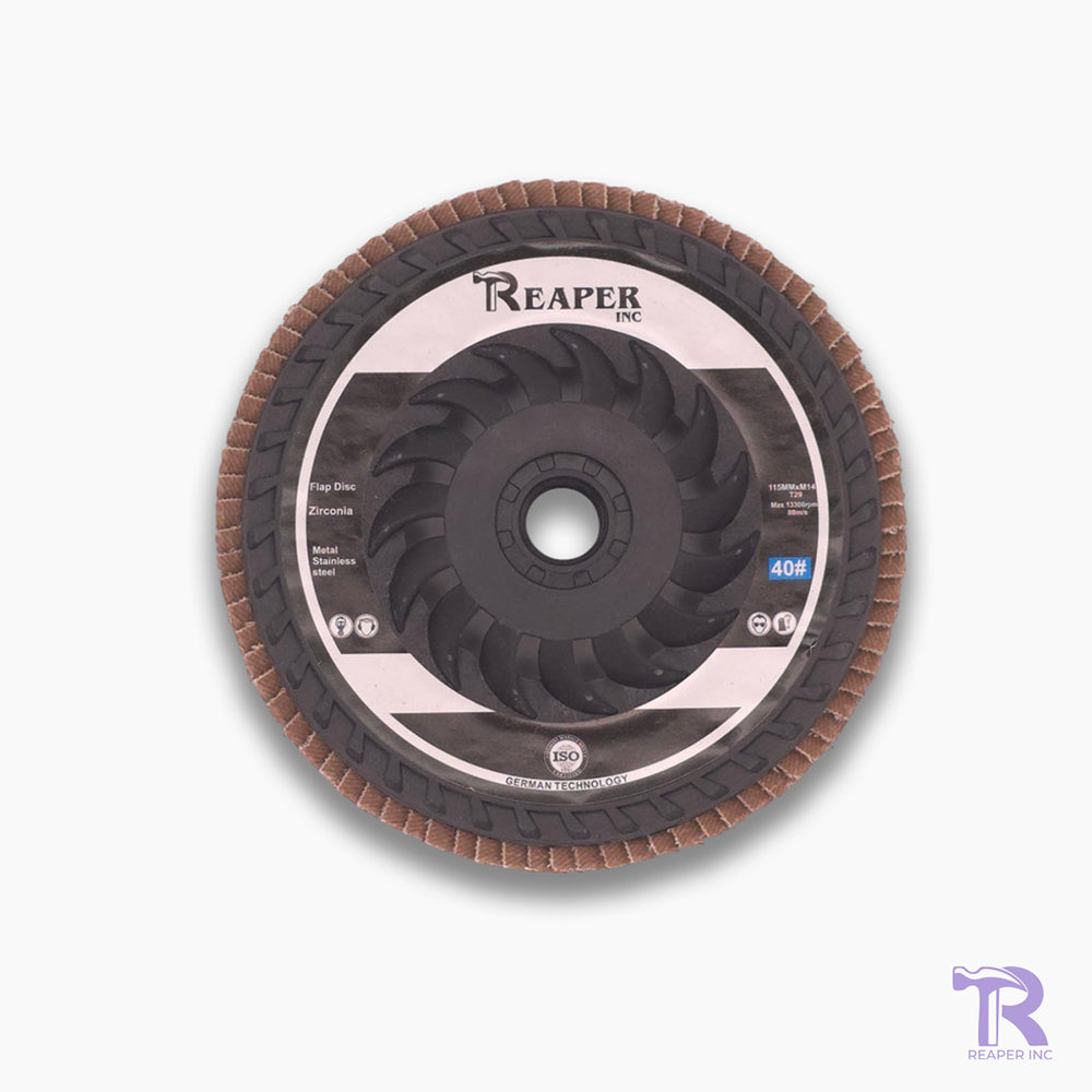 Flap disc with 'Reaper' branding on a white background