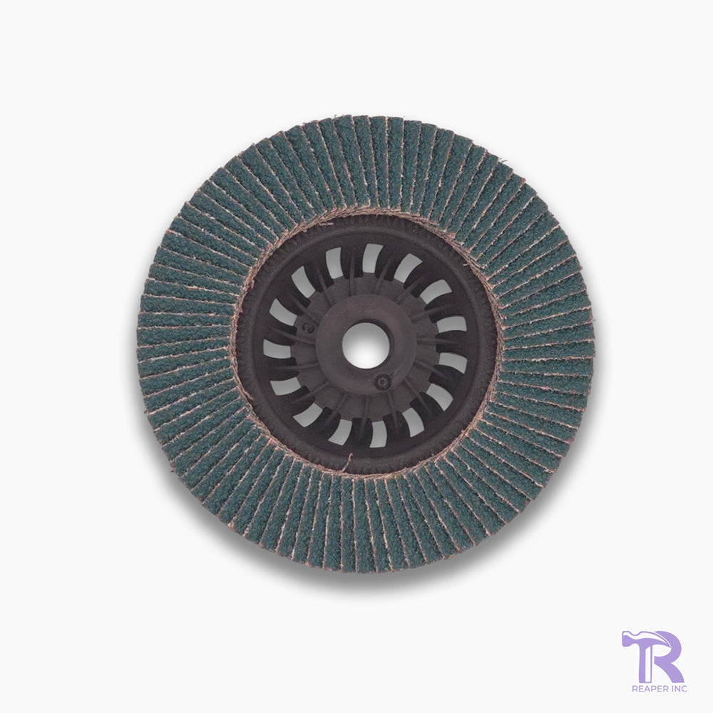 Flap disc on a white background with a visible brand logo in the corner.